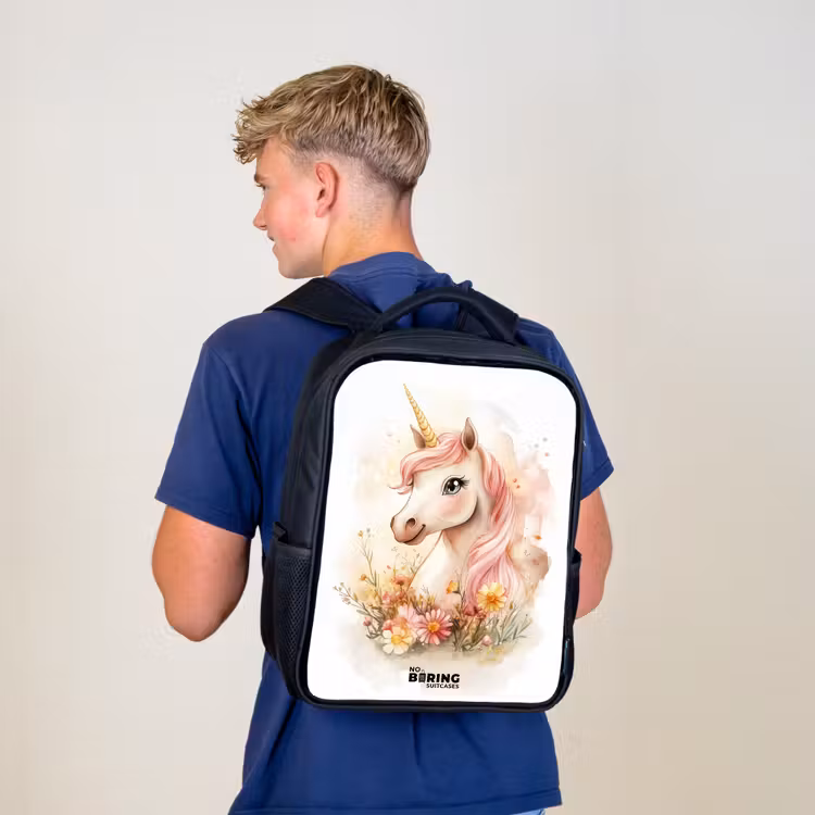 Kids backpack - Black - Unicorn with pink mane among pastel flowers — 5
