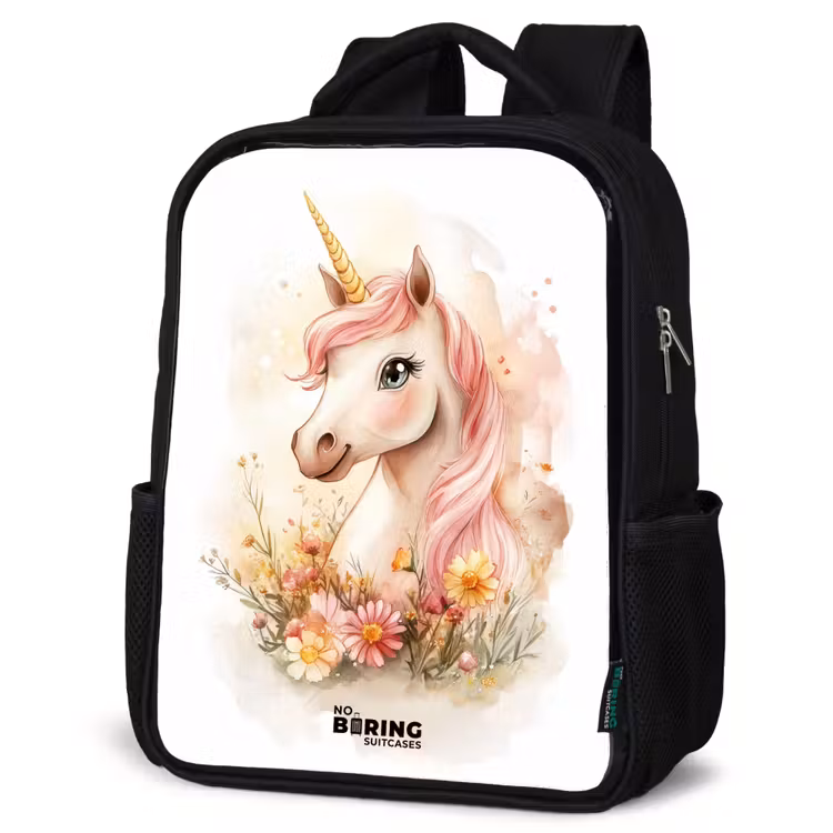 Kids backpack - Black - Unicorn with pink mane among pastel flowers — 6