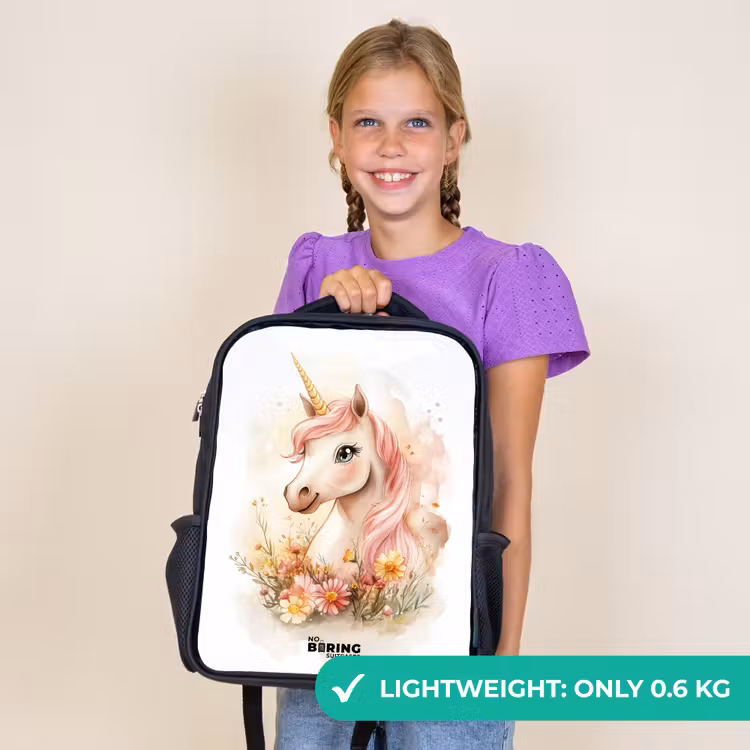 Kids backpack - Black - Unicorn with pink mane among pastel flowers — 9