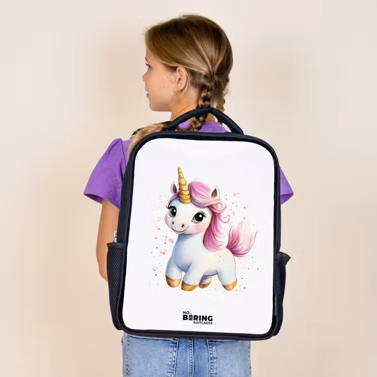 Kids backpack - Black - White unicorn with pink mane — 4