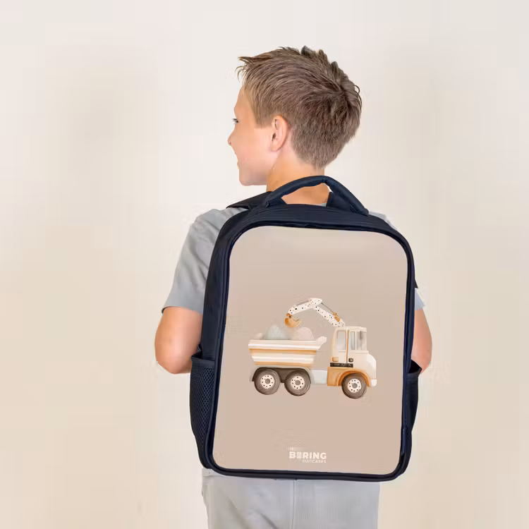 Kids backpack - Black - Yellow dump truck in neutral colors — 2