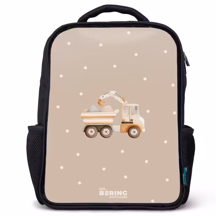 Kids backpack - Black - Yellow dump truck with stones and dot pattern — 1
