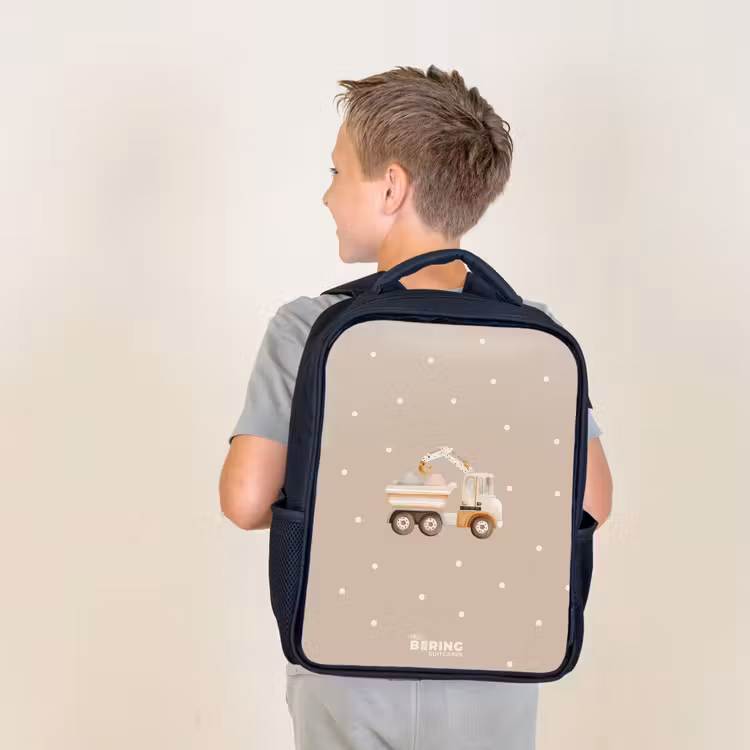 Kids backpack - Black - Yellow dump truck with stones and dot pattern — 2