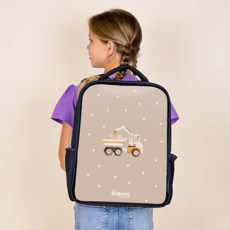 Kids backpack - Black - Yellow dump truck with stones and dot pattern — 4