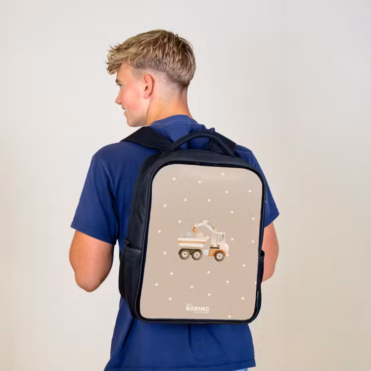 Kids backpack - Black - Yellow dump truck with stones and dot pattern — 5