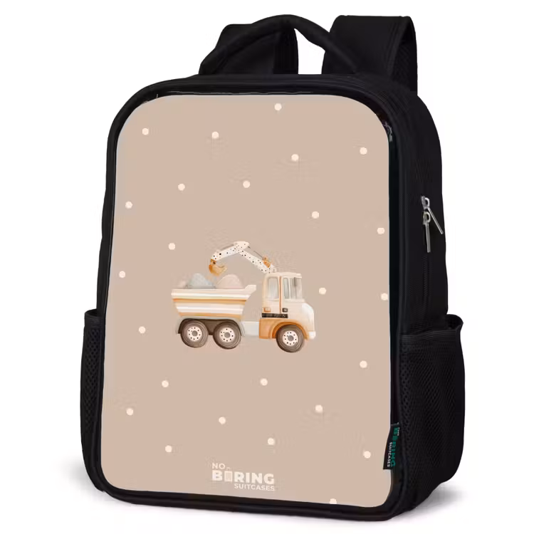 Kids backpack - Black - Yellow dump truck with stones and dot pattern — 6