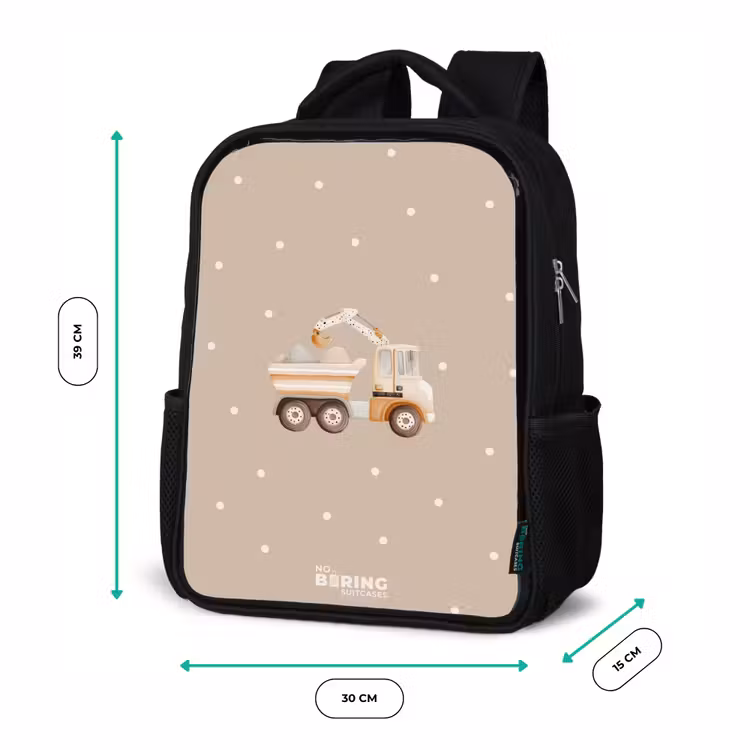 Kids backpack - Black - Yellow dump truck with stones and dot pattern — 8
