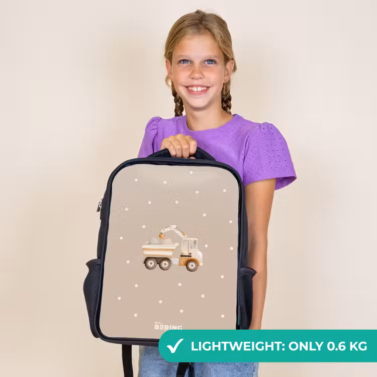 Kids backpack - Black - Yellow dump truck with stones and dot pattern — 9