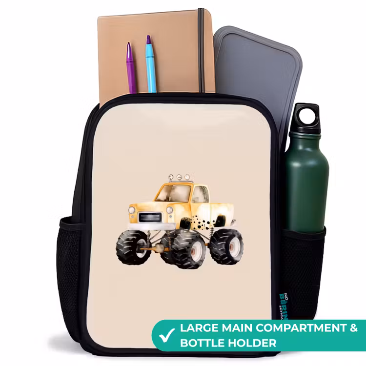Kids backpack - Black - Yellow monster truck on a beige background — 10