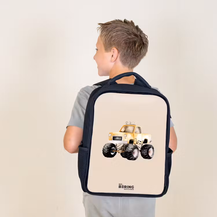 Kids backpack - Black - Yellow monster truck on a beige background — 2