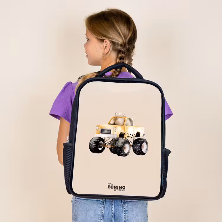 Kids backpack - Black - Yellow monster truck on a beige background — 4