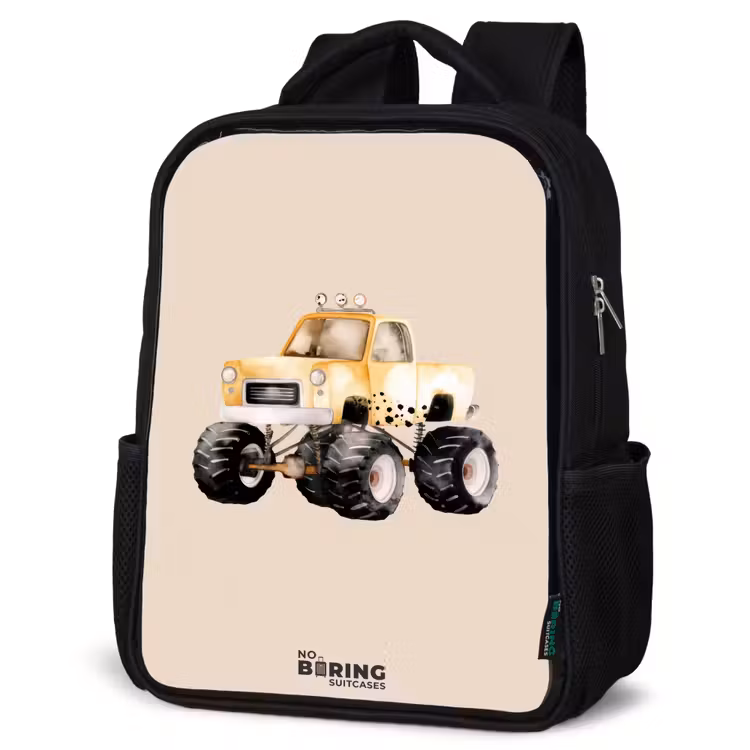 Kids backpack - Black - Yellow monster truck on a beige background — 6