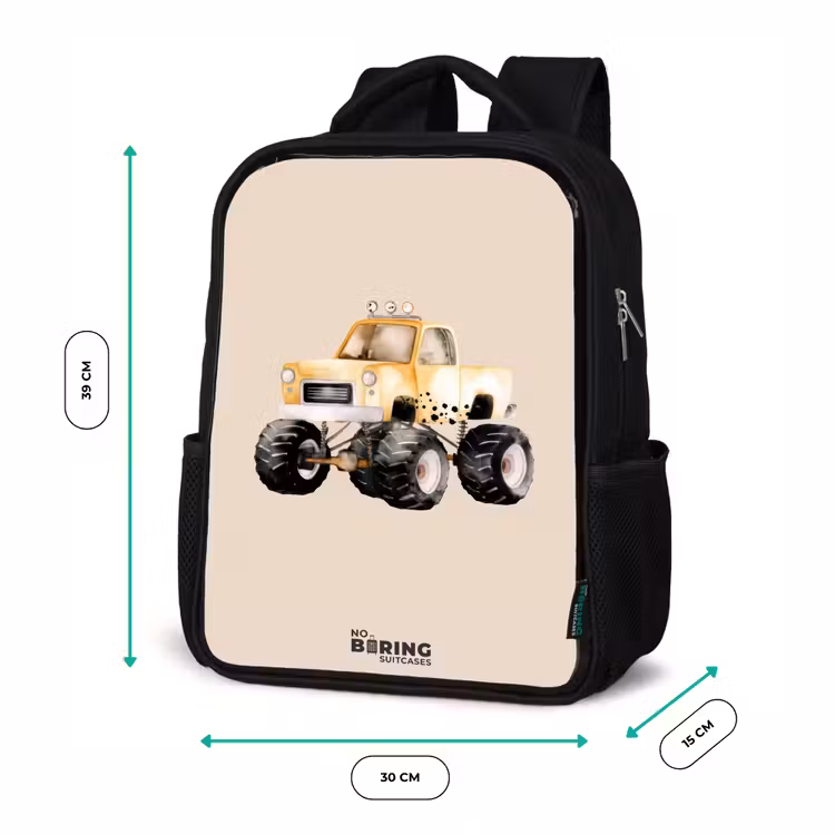 Kids backpack - Black - Yellow monster truck on a beige background — 8