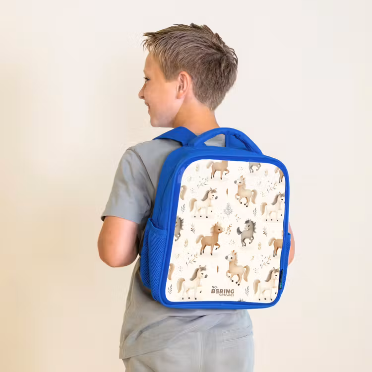 Kids backpack - Blue - Pattern of foals in beige and brown colors — 2