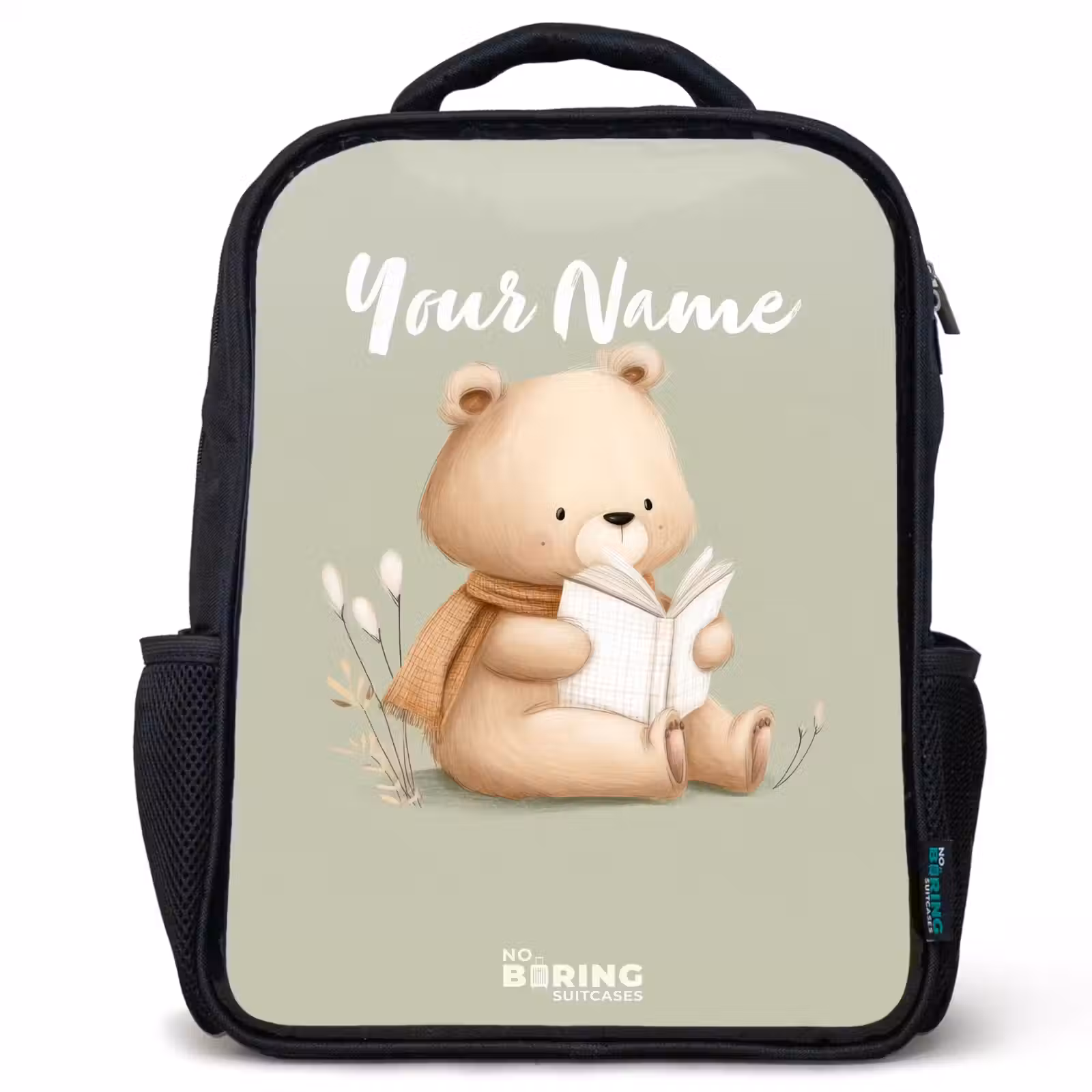 Kids backpack - Black - A brown bear with a book - Green — 1