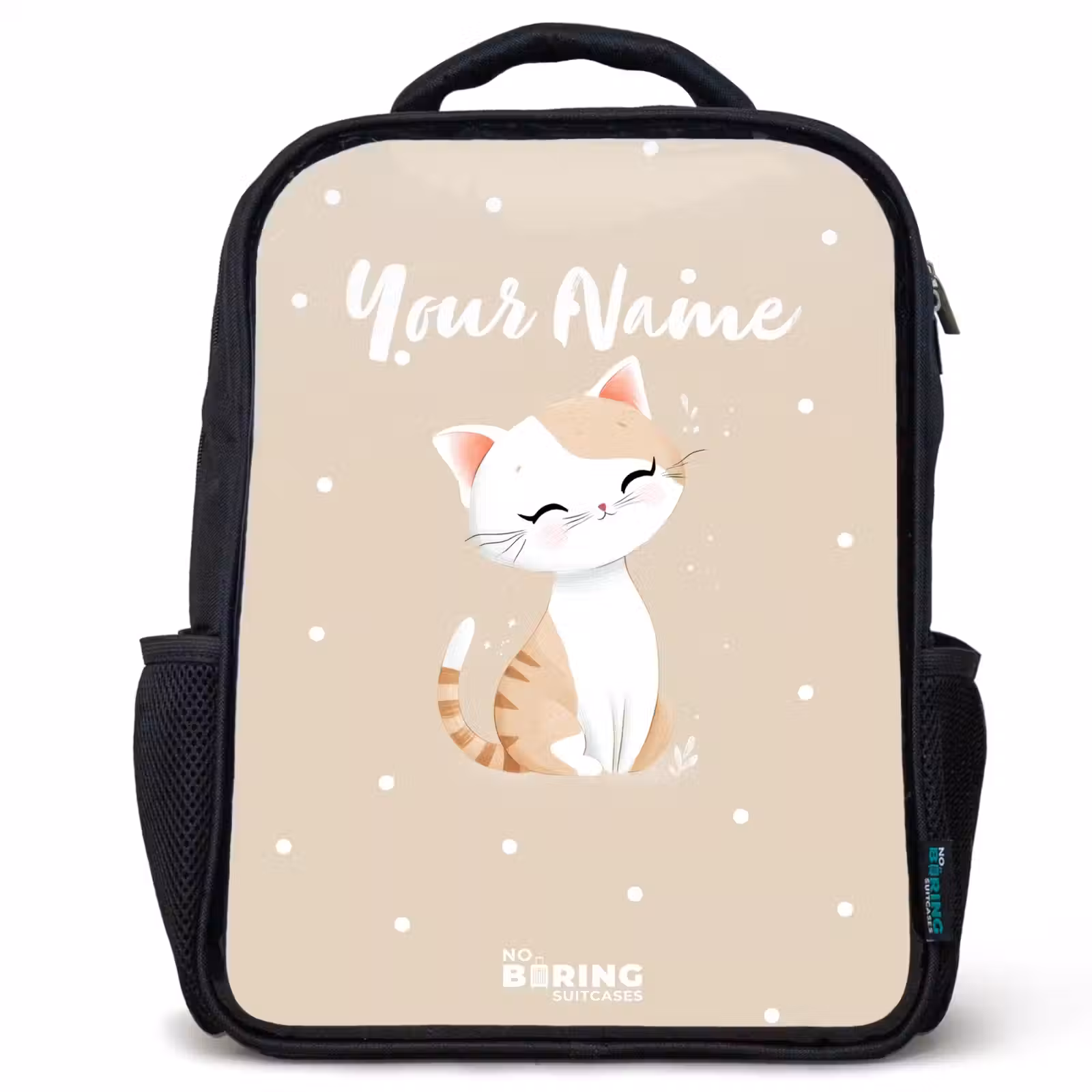 Kids backpack - Black - Cat surrounded by beige dots — 1