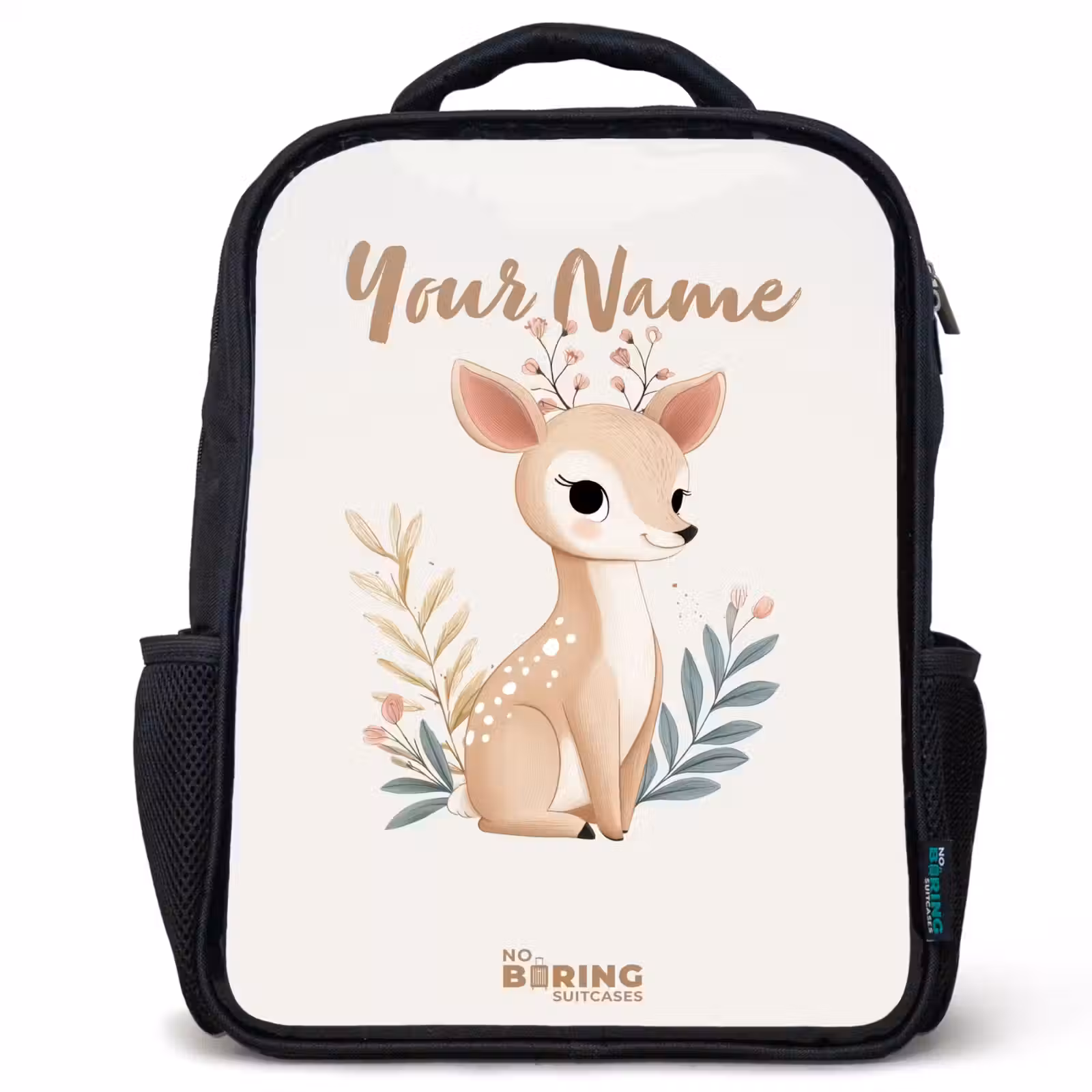 Kids backpack - Black - Deer surrounded by plants in shades of beige — 1