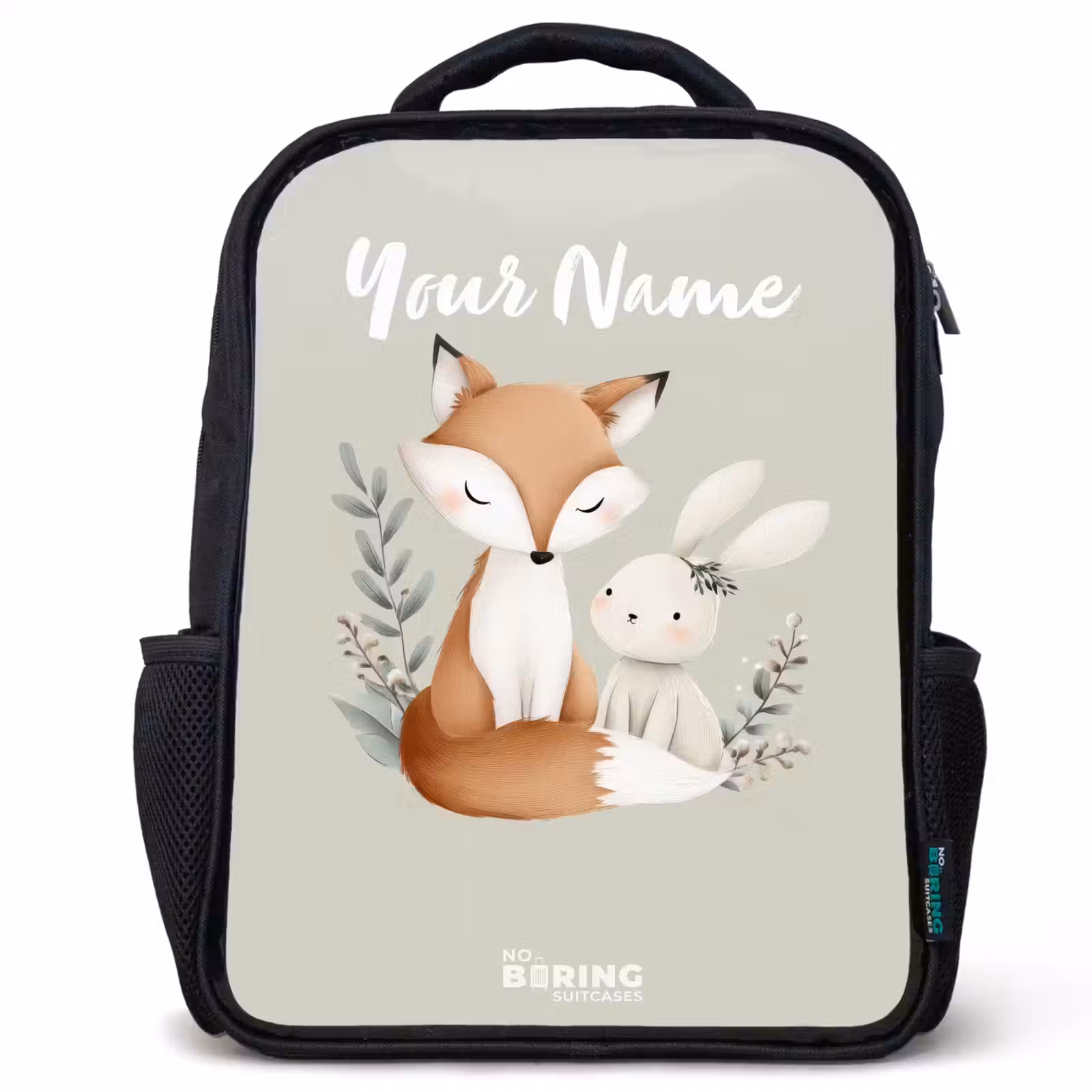 Kids backpack - Black - Fox and rabbit surrounded by green leaves — 1