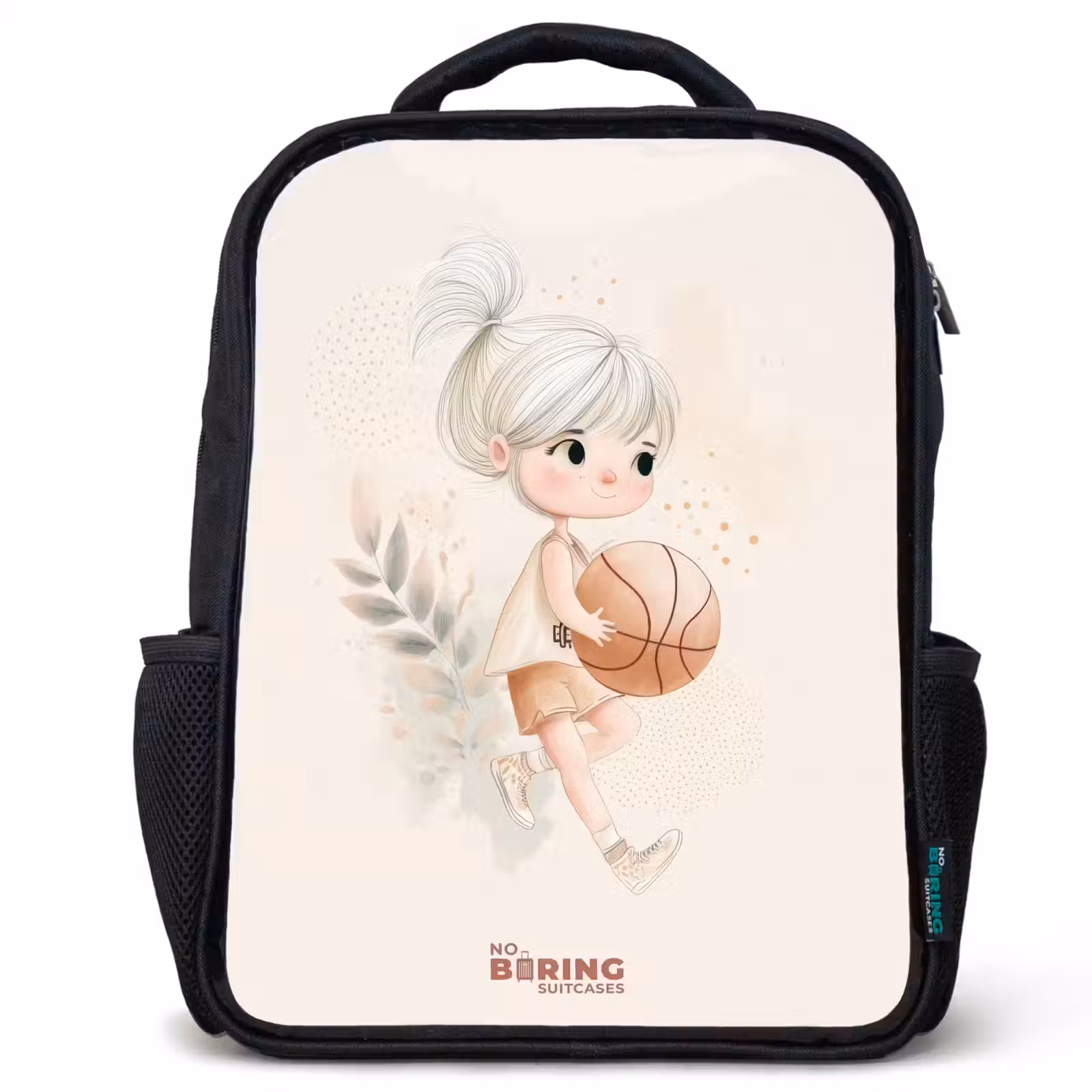 Kids backpack - Black - Girl with a basketball in neutral colors. — 1