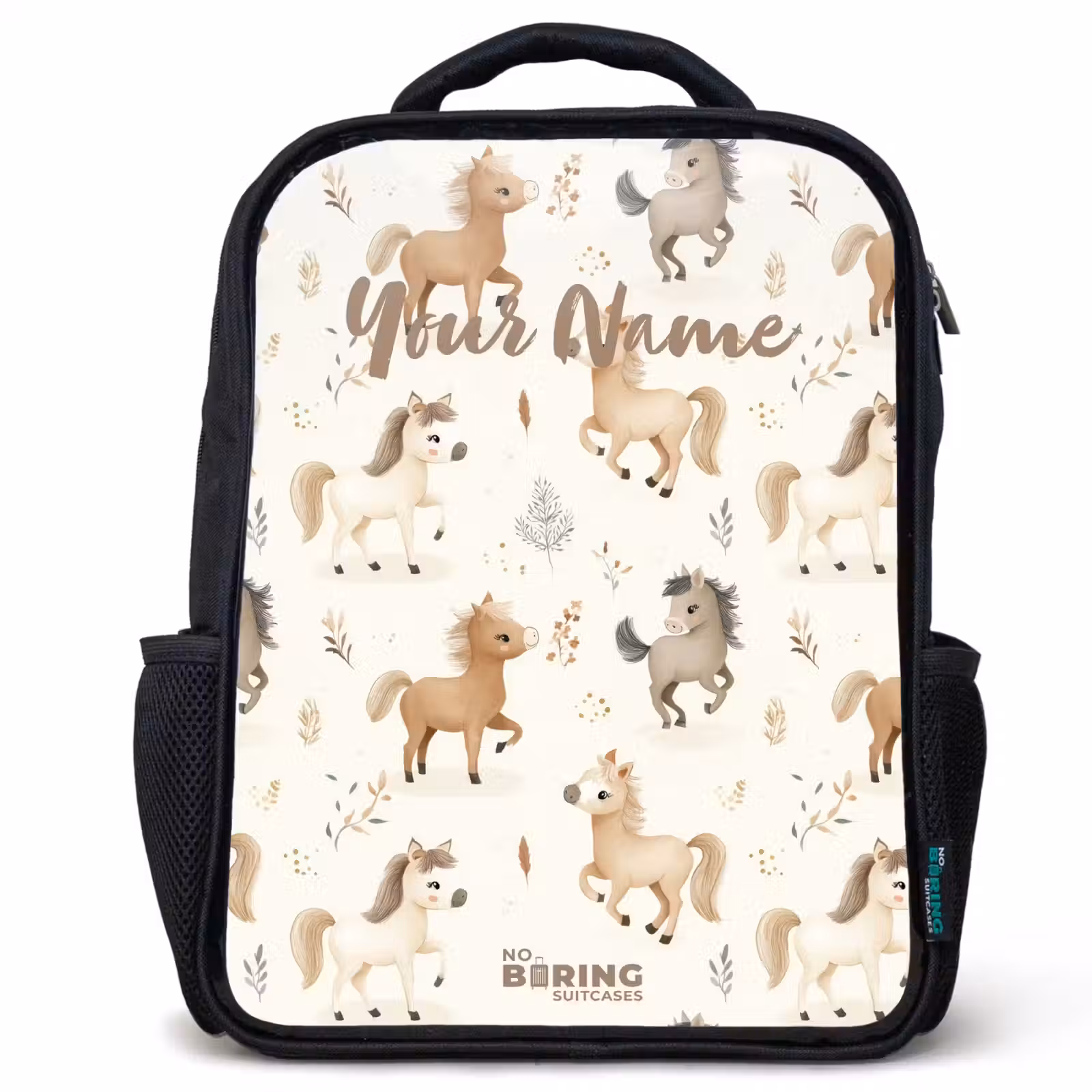Kids backpack - Black - Pattern of foals in beige and brown colors — 1
