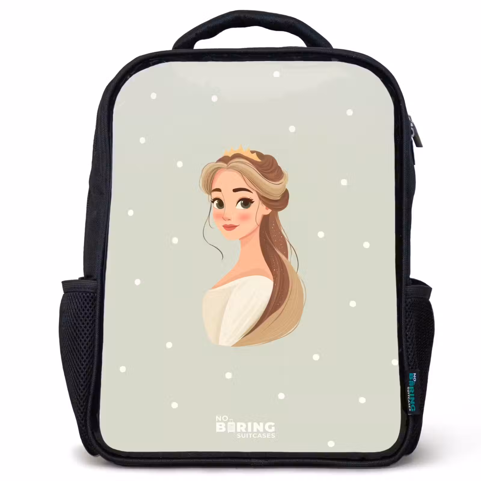 Kids backpack - Black - Princess with tiara on green polka dot background — 1