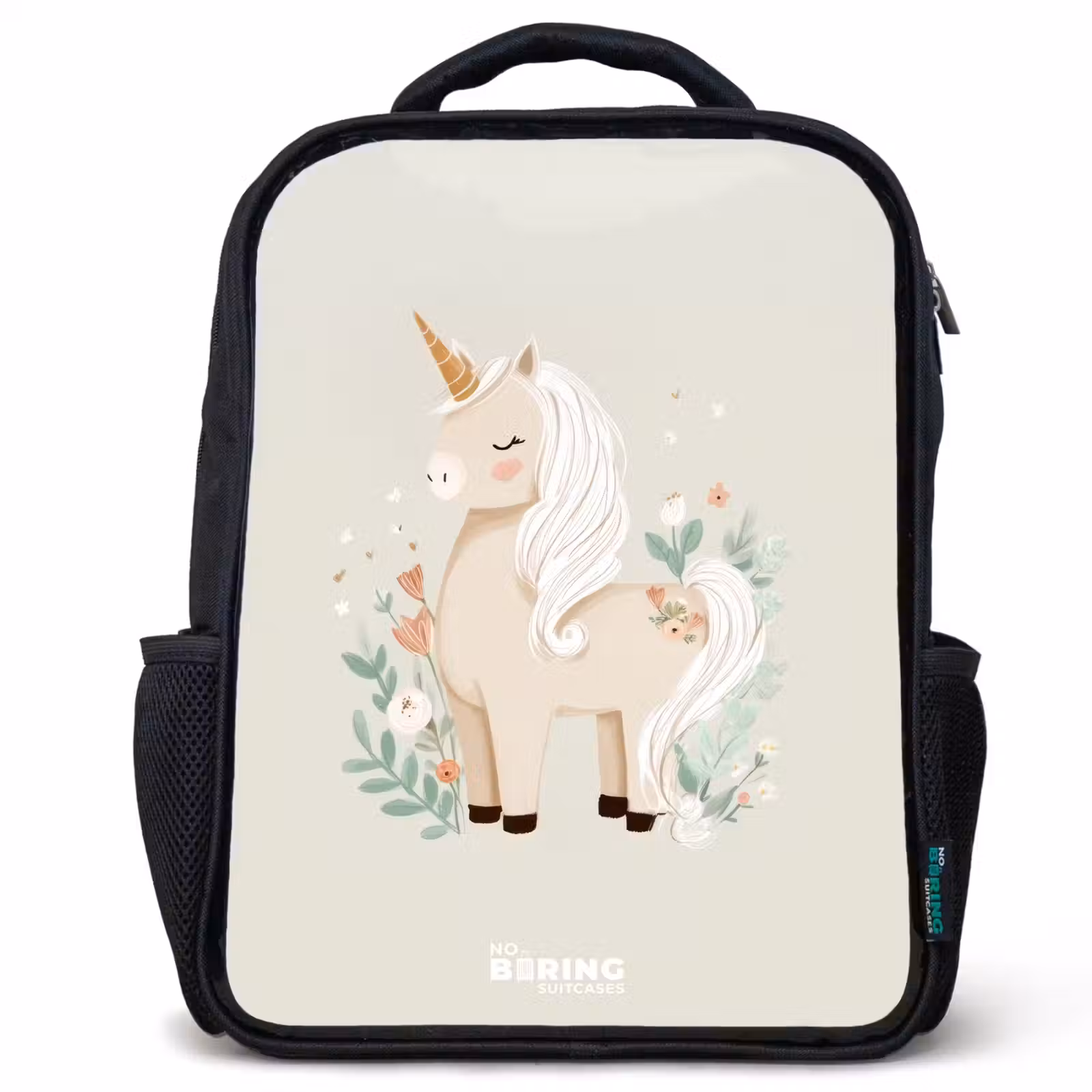 Kids backpack - Black - Unicorn among flowers in beige colors — 1