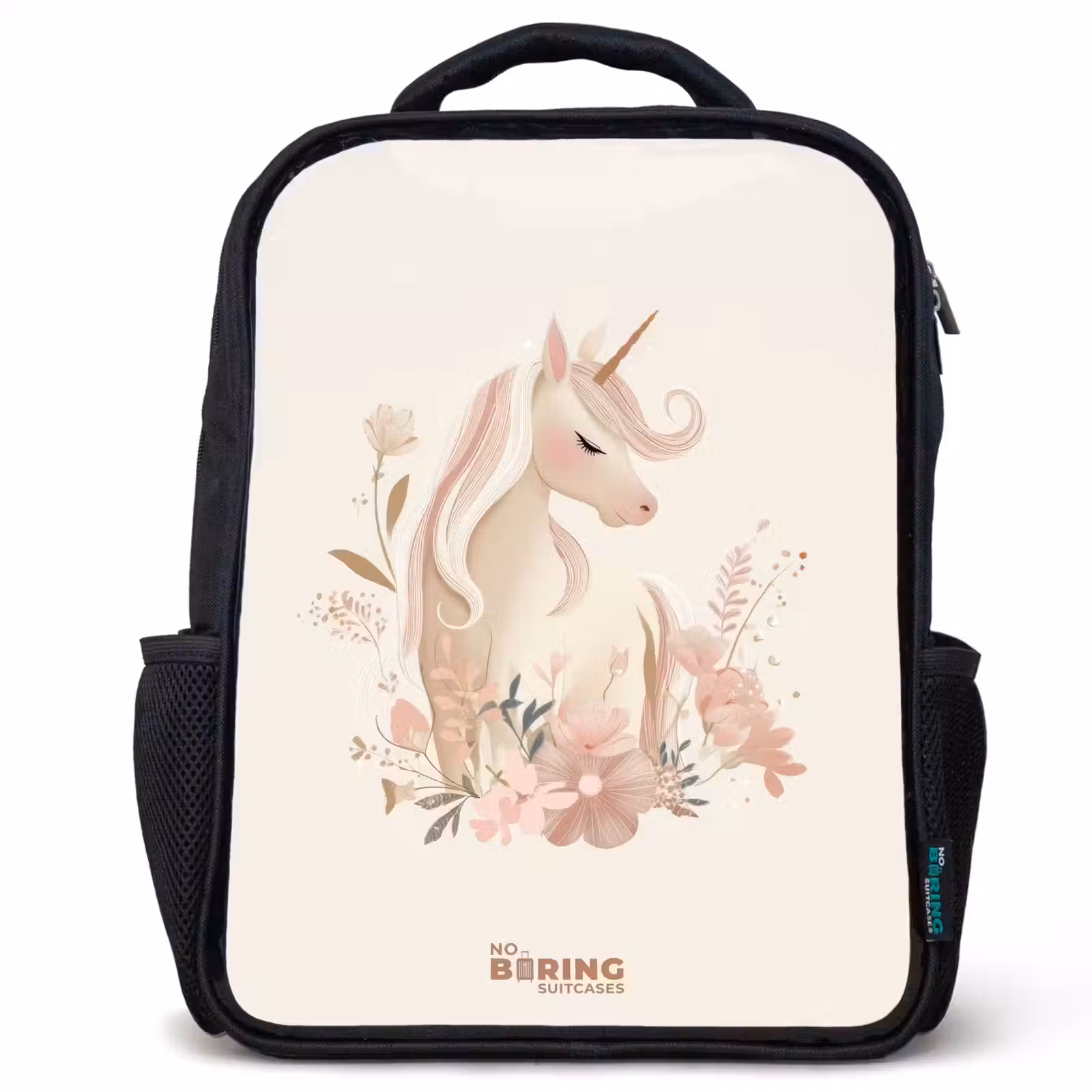 Kids backpack - Black - Unicorn among flowers in pink pastel colors — 1
