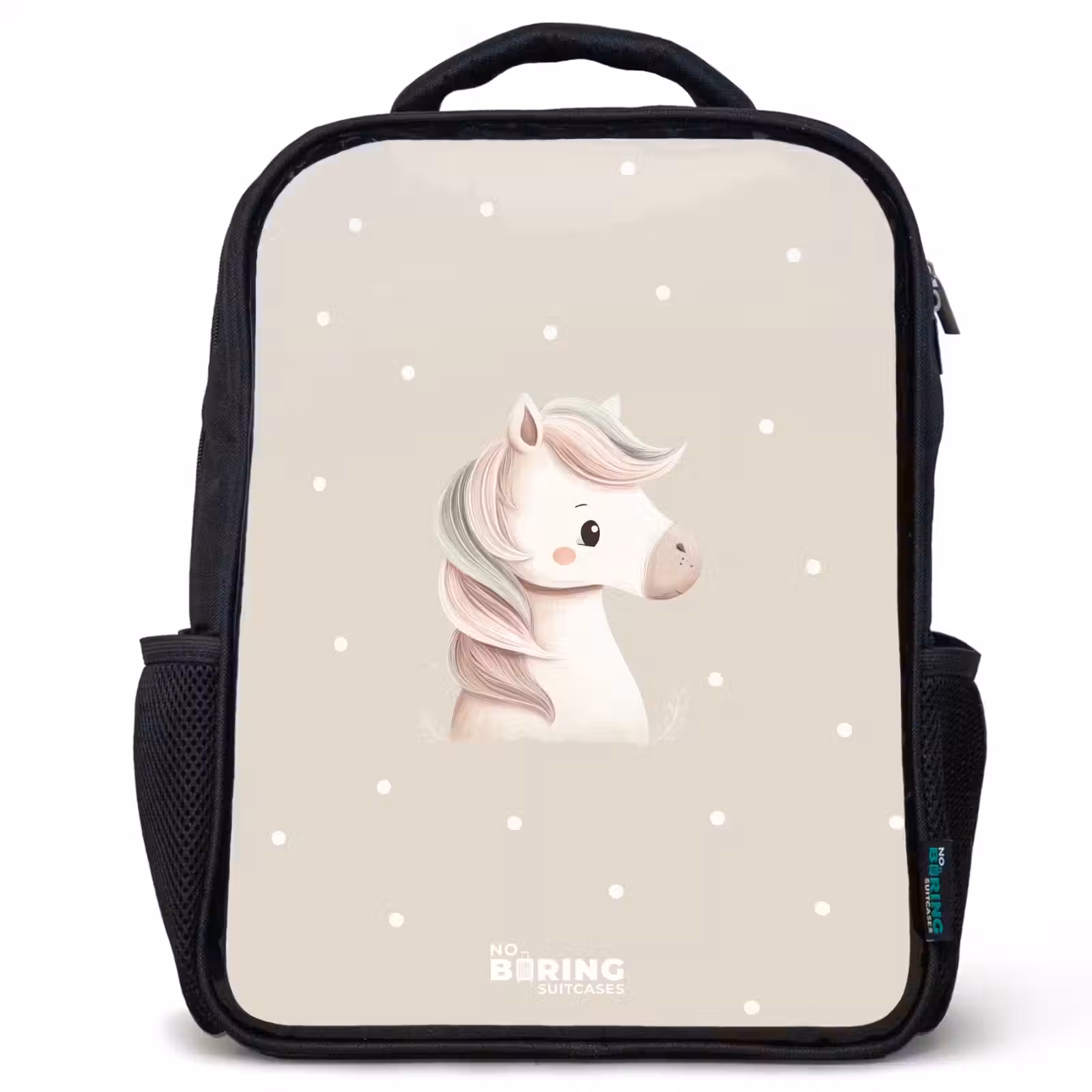 Kids backpack - Black - Unicorn surrounded by dots in beige colors — 1