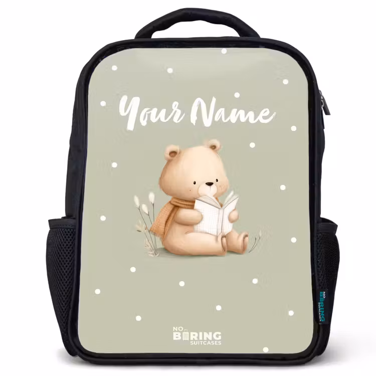 Kids backpack - Black - A brown bear reading a book - Green — 1