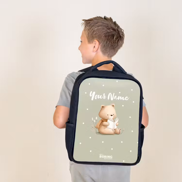 Kids backpack - Black - A brown bear reading a book - Green — 2