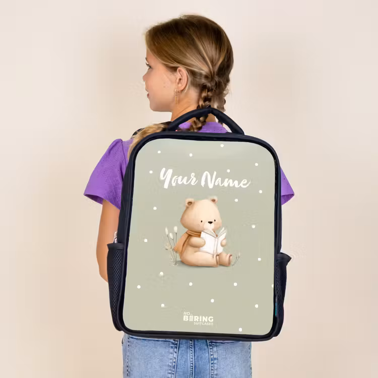 Kids backpack - Black - A brown bear reading a book - Green — 4