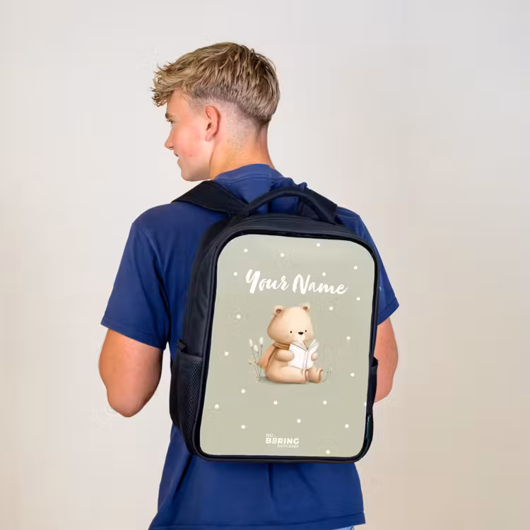 Kids backpack - Black - A brown bear reading a book - Green — 5