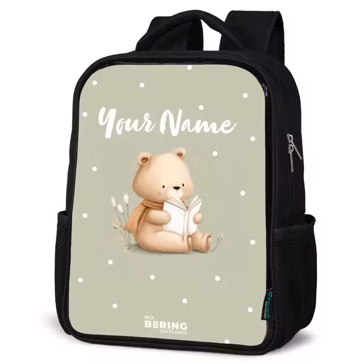Kids backpack - Black - A brown bear reading a book - Green — 6
