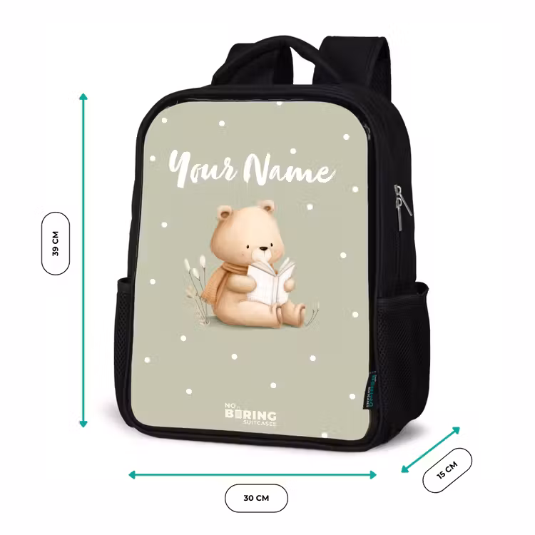Kids backpack - Black - A brown bear reading a book - Green — 8