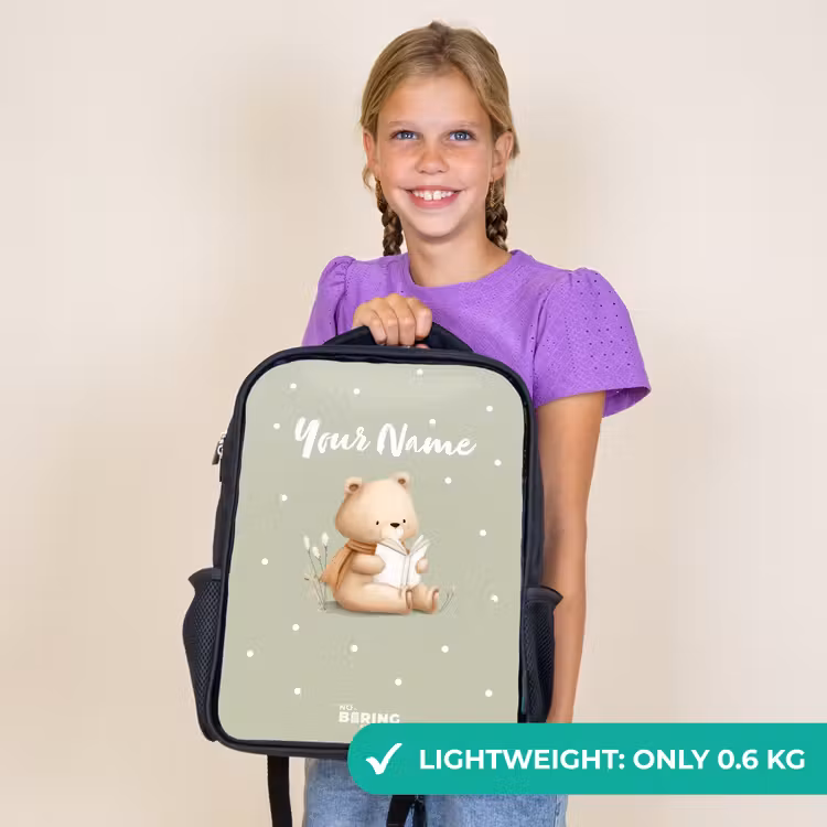 Kids backpack - Black - A brown bear reading a book - Green — 9