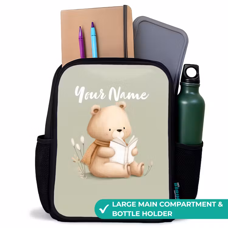 Kids backpack - Black - A brown bear with a book - Green — 10