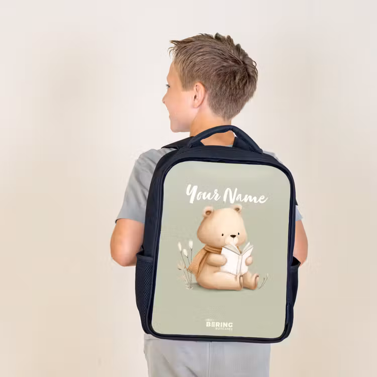 Kids backpack - Black - A brown bear with a book - Green — 2