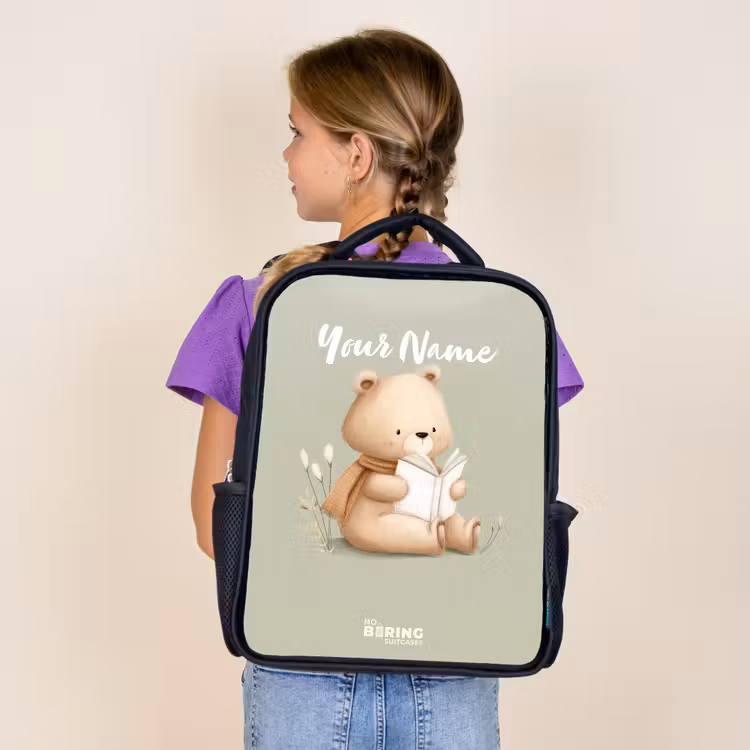 Kids backpack - Black - A brown bear with a book - Green — 4