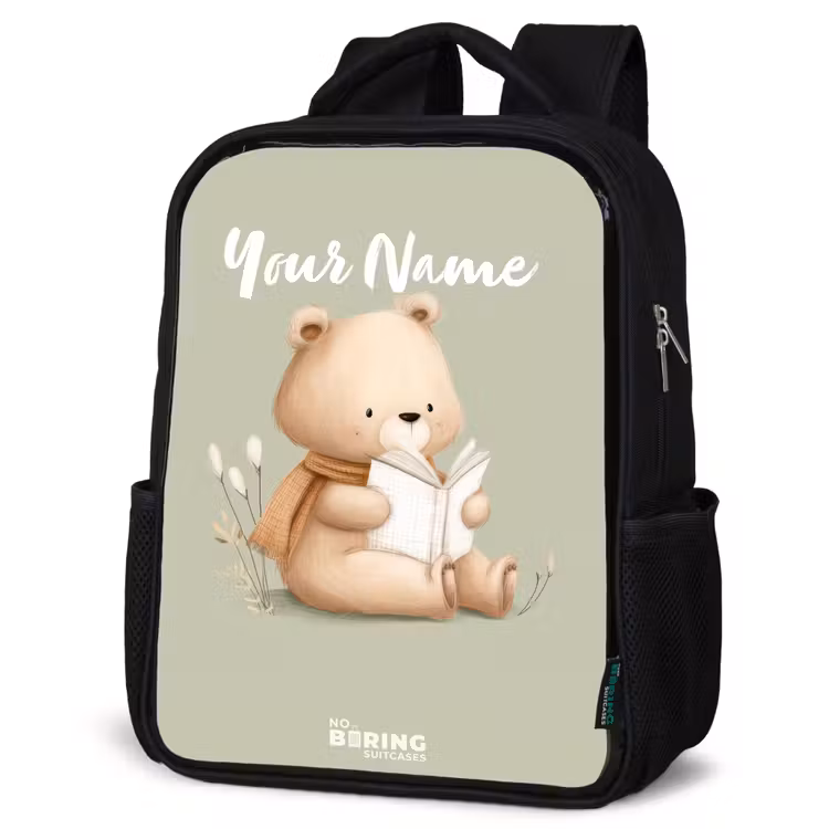 Kids backpack - Black - A brown bear with a book - Green — 6