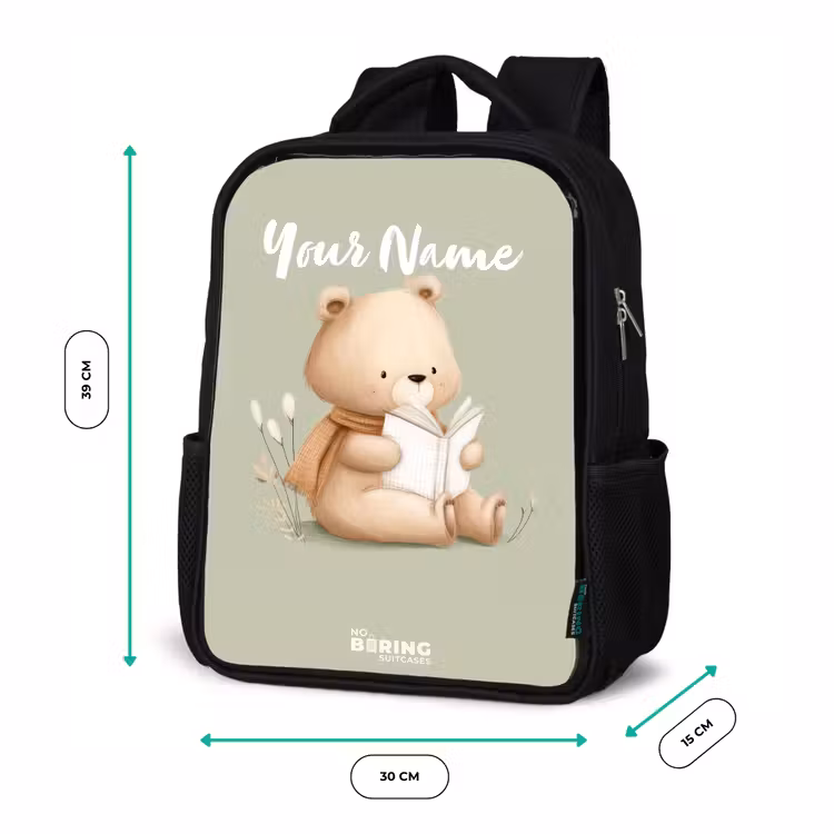Kids backpack - Black - A brown bear with a book - Green — 8