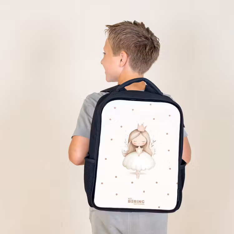 Kids backpack - Black - Ballerina princess between beige polka dots — 2