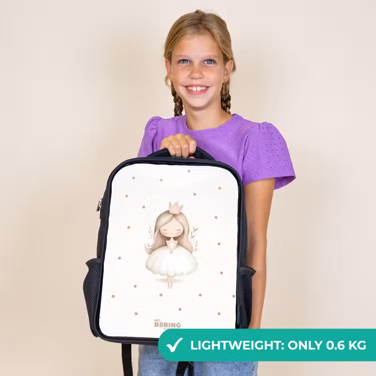 Kids backpack - Black - Ballerina princess between beige polka dots — 9
