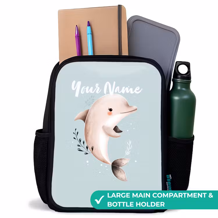 Kids backpack - Black - Beige dolphin in blue water — 10