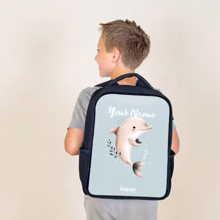 Kids backpack - Black - Beige dolphin in blue water — 2