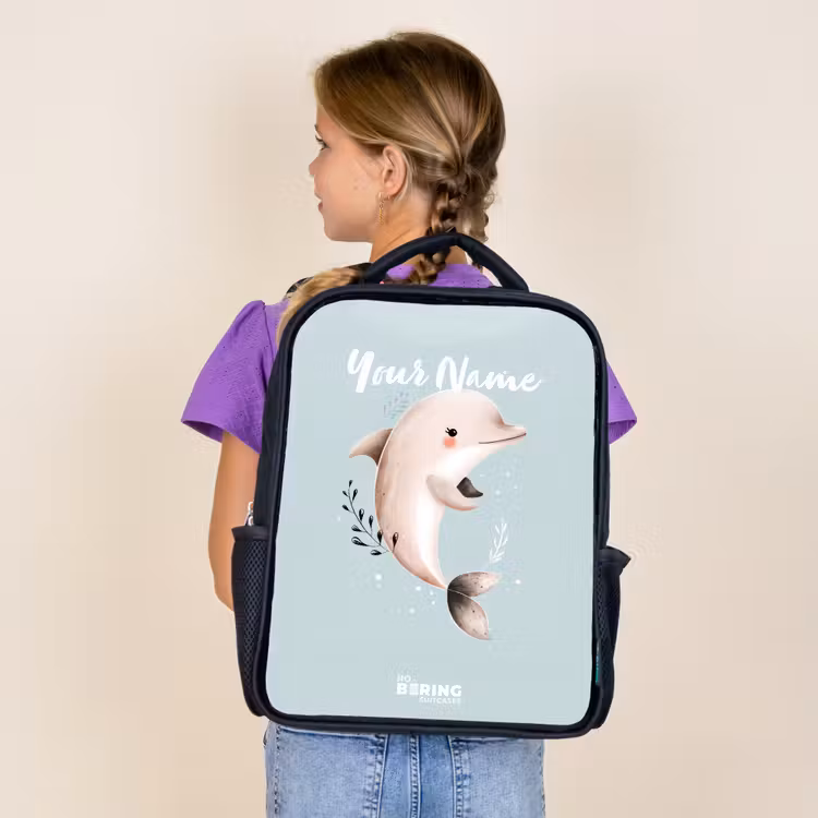 Kids backpack - Black - Beige dolphin in blue water — 4