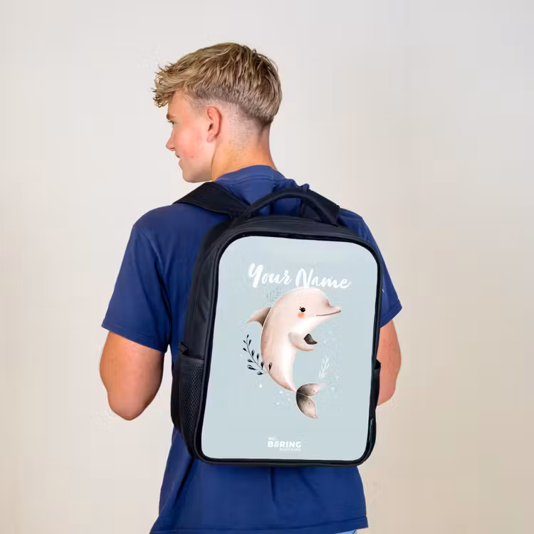 Kids backpack - Black - Beige dolphin in blue water — 5