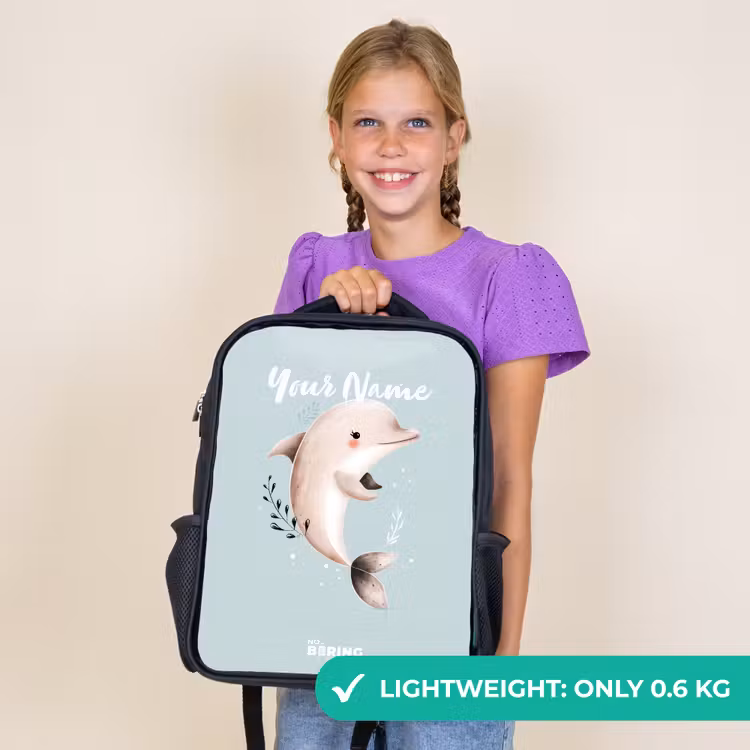 Kids backpack - Black - Beige dolphin in blue water — 9