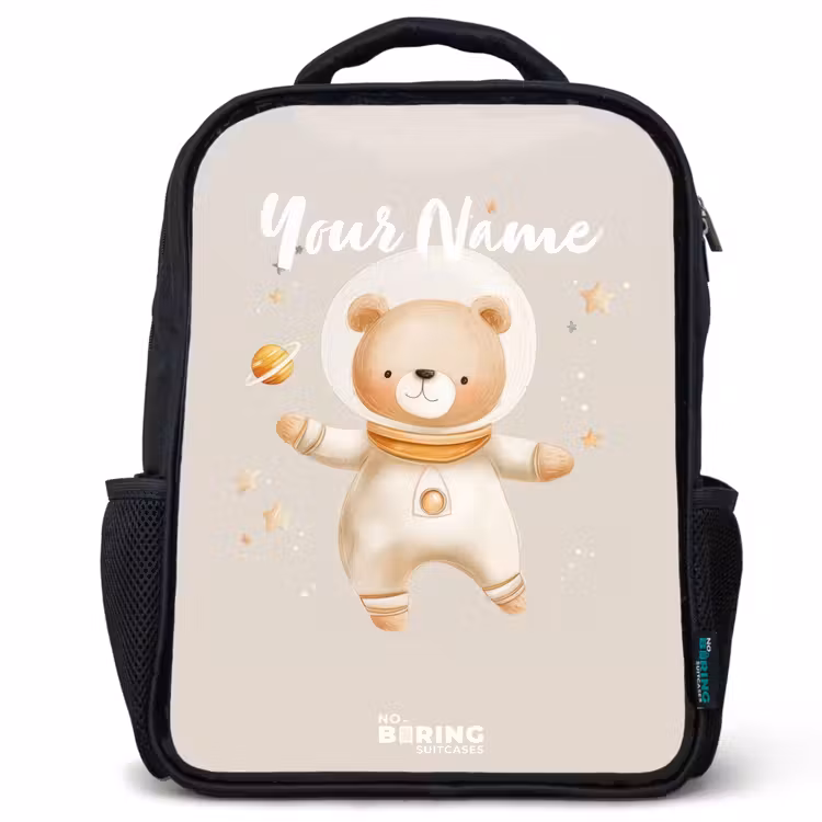 Kids backpack - Black - Beige space bear floats among stars — 1