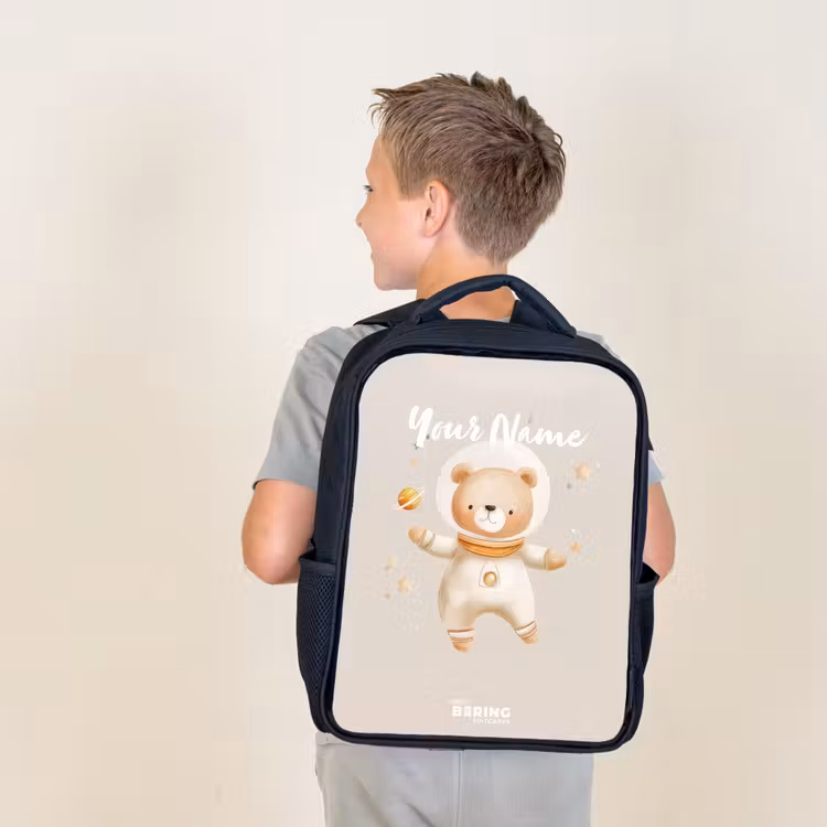 Kids backpack - Black - Beige space bear floats among stars — 2