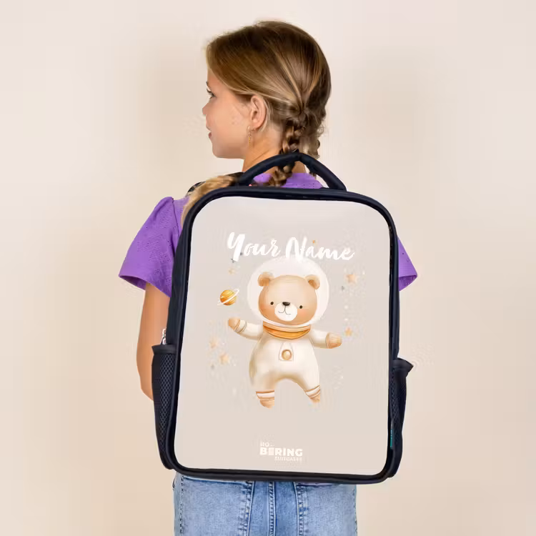 Kids backpack - Black - Beige space bear floats among stars — 4